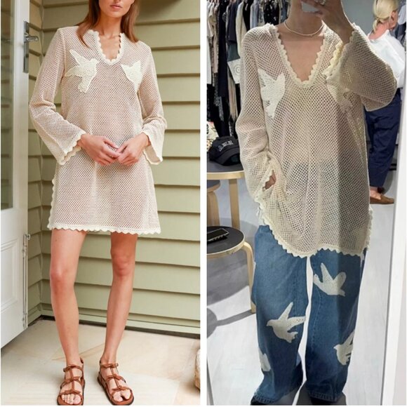 BEST Sea New York Sally Crochet Mini Dress Small Cream Tan Vacation Beach Causal - Picture 2 of 9